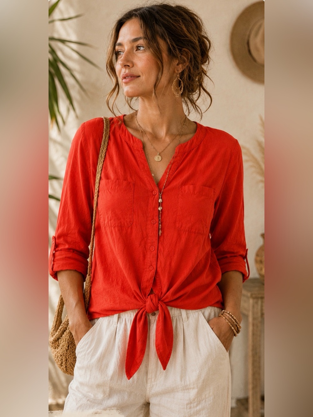 Emily Daniels Coral Linen Blend Tie Front Blouse Size Large Boho Coastal